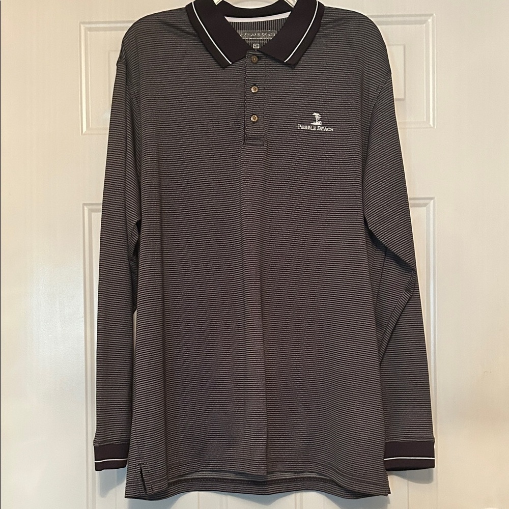 Pebble Beach Striped LS Men's Polo Shirt XL Gray Preppy Everyday Casual
